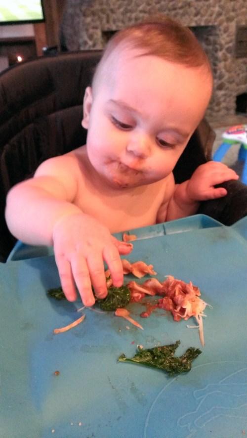 Pasta with marinara and kale = happy baby!
