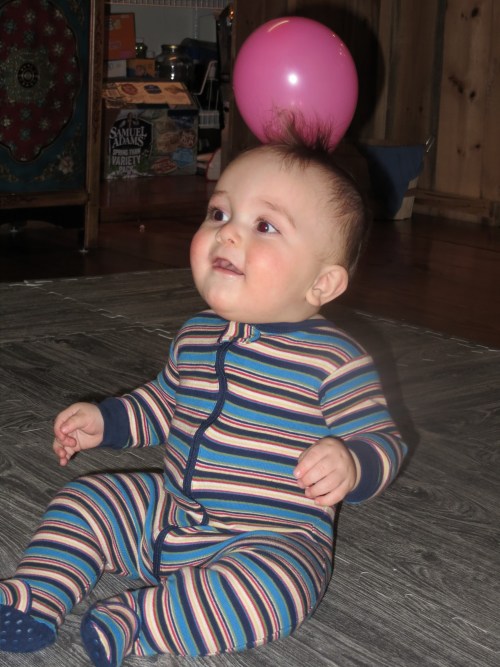 Surprisingly, the popping balloons didn't startle him!